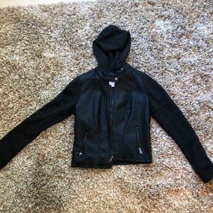 Black leather jacket with hood